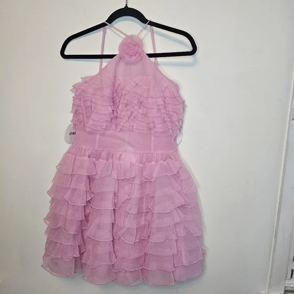 NWT STAUD Florian Rosette Appliqued Tulip Pink Ruffled Organza Mini Dress Size 8 - Picture 5 of 14